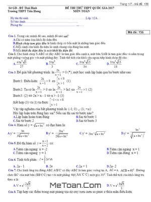 Đề Thi Thử THPT Quốc Gia 2017 Môn Toán Trường THPT Tiên Hưng – Thái Bình