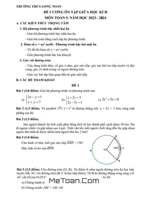 Đề Cương Ôn Tập Giữa Kì 2 Môn Toán Lớp 9 Năm 2023-2024 - Trường THCS Long Toàn - BR-VT