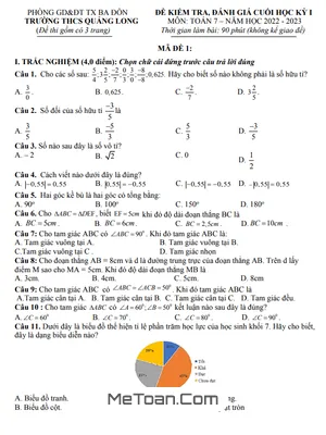 Đề thi cuối kỳ 1 Toán 7 năm 2022-2023 trường THCS Quảng Long - Quảng Bình (có đáp án)
