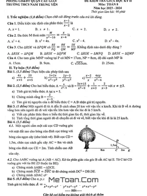 Đề thi giữa kỳ 2 Toán 8 năm 2023 - 2024 trường THCS Nam Trung Yên - Hà Nội