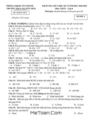 Đề thi giữa kì 1 môn Toán lớp 8 năm 2020 - 2021 trường THCS Nguyễn Trãi - Quảng Nam
