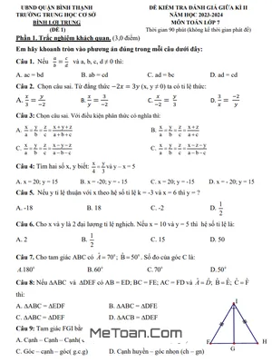Trọn Bộ Đề Tham Khảo Giữa Kì 2 Môn Toán Lớp 7 Năm 2023 - 2024 Phòng GD&ĐT Bình Thạnh - TP.HCM (Có Đáp Án)