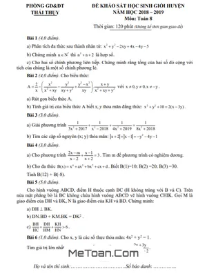 Đề thi HSG Toán 8 năm 2018-2019 phòng GD&ĐT Thái Thụy - Thái Bình (có lời giải)