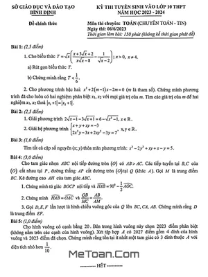 Đề thi tuyển sinh lớp 10 môn Toán (chuyên) năm 2023 - 2024 sở GD&ĐT Bình Định