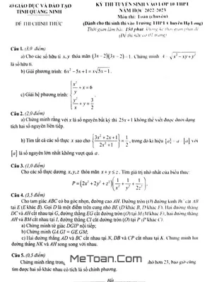 Đề Thi Vào Lớp 10 Môn Toán (Chuyên) Năm 2022 - 2023 Trường THPT Chuyên Hạ Long - Quảng Ninh