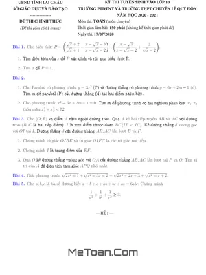 Đề thi vào lớp 10 môn Toán (chuyên) năm 2020 - 2021 trường THPT chuyên Lê Quý Đôn - Lai Châu