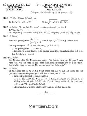 Đề thi tuyển sinh lớp 10 môn Toán năm 2017-2018 sở GD&ĐT Bình Dương - Lời giải chi tiết