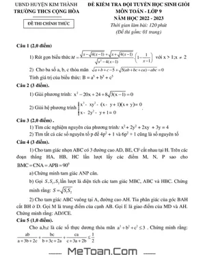 Đề thi học sinh giỏi Toán 9 năm 2022 - 2023 trường THCS Cộng Hòa - Hải Dương
