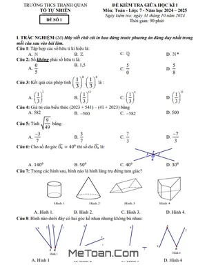 Đề giữa học kì 1 Toán 7 năm 2024 - 2025 trường THCS Thanh Quan - Hà Nội