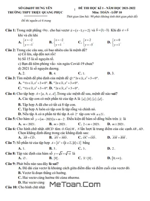 Đề thi HK1 Toán 10 năm 2021 – 2022 trường THPT Triệu Quang Phục – Hưng Yên