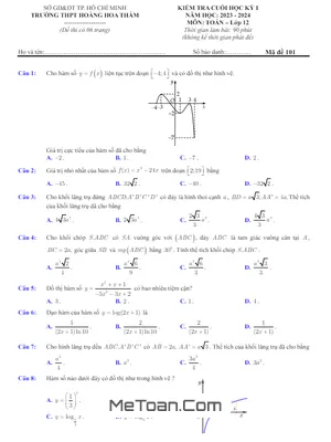Đề Thi Học Kỳ 1 Toán 12 năm 2023 - 2024 trường THPT Hoàng Hoa Thám - TP.HCM (Có Đáp Án)