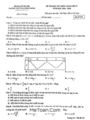 Đề thi HK1 Toán 12 năm 2019 - 2020 trường THPT Phan Đình Phùng - Hà Nội