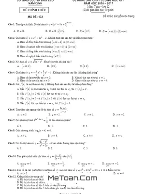 Đề khảo sát chất lượng học kỳ I Toán 12 năm 2016 - 2017 - Sở GD&ĐT Nam Định