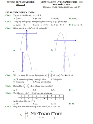 Đề thi giữa kì 2 môn Toán lớp 10 năm 2023 - 2024 trường THPT Nguyễn Huệ - TT Huế