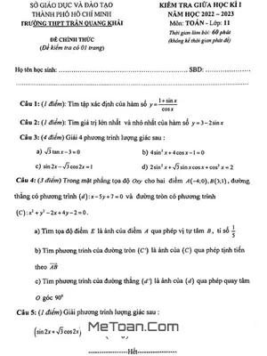 Đề Thi Giữa Kì 1 Toán 11 Năm 2022 - 2023 Trường THPT Trần Quang Khải - TP. HCM