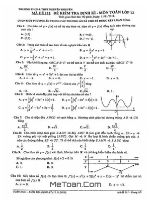 Đề kiểm tra định kỳ Toán 12 năm 2018 - 2019 trường THCS & THPT Nguyễn Khuyến - TP. HCM