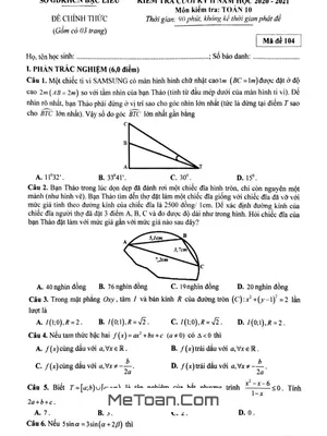 Đề thi học kì 2 Toán 10 năm 2020 - 2021 Sở GD&ĐT Bạc Liêu [Mã đề 104]