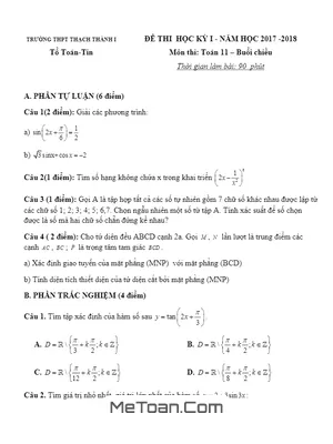 Đề thi học kỳ 1 Toán 11 năm 2017 - 2018 trường THPT Thạch Thành 1 - Thanh Hóa