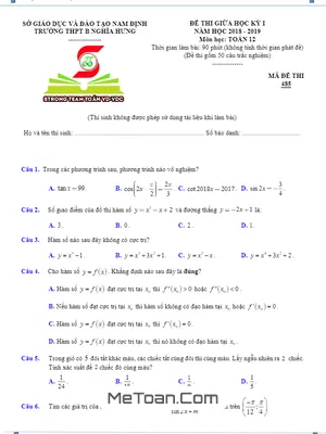 Đề thi giữa học kỳ I Toán 12 năm 2018 - 2019 trường THPT B Nghĩa Hưng - Nam Định