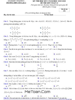 Đề thi học kỳ 2 Toán 12 năm 2019 - 2020 trường THPT Yên Lạc 2 - Vĩnh Phúc
