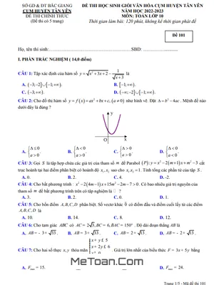 Đề thi học sinh giỏi Toán 10 năm 2022 - 2023 cụm Tân Yên - Bắc Giang