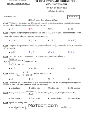 Đề khảo sát giữa học kỳ 2 Toán 11 trường THPT Hưng Nhân - Thái Bình năm 2018 có đáp án