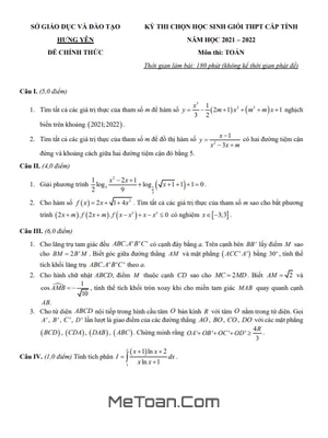 Đề thi HSG Toán THPT cấp tỉnh năm 2021 - 2022 Sở GD&ĐT Hưng Yên