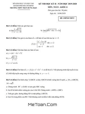 Đề thi học kì 2 Toán 11 năm 2019 - 2020 trường THPT Trần Hưng Đạo - TP HCM