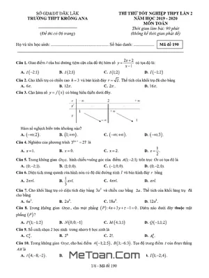 Đề Thi Thử Tốt Nghiệp THPT 2020 Môn Toán Lần 2 Trường THPT Krông Ana – Đắk Lắk