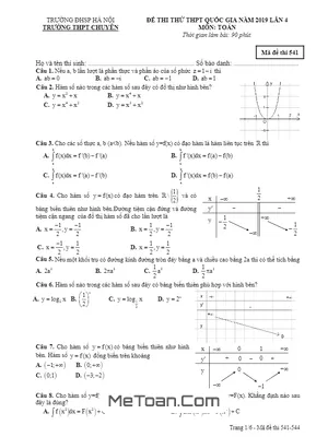 Đề thi thử Toán THPT Quốc gia 2019 trường THPT chuyên ĐHSP Hà Nội lần 4