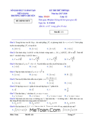 Đề thi thử THPTQG 2018 môn Toán trường THPT chuyên Tiền Giang