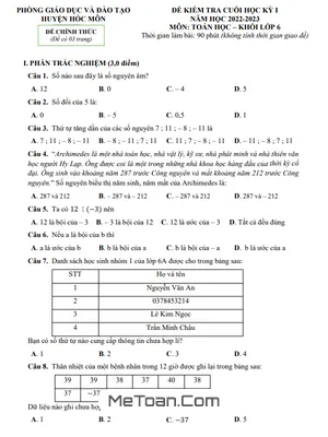 Đề thi học kỳ 1 Toán lớp 6 năm 2022 - 2023 phòng GD&ĐT Hóc Môn - TP.HCM