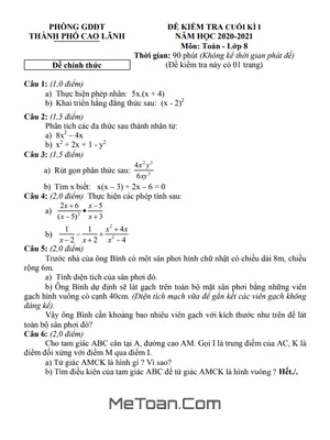 Đề kiểm tra cuối kì 1 Toán 8 năm 2020 - 2021 phòng GD&ĐT TP Cao Lãnh - Đồng Tháp