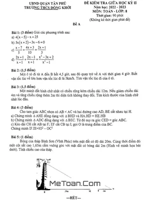 Đề thi giữa kỳ 2 Toán 8 năm 2022 - 2023 trường THCS Đồng Khởi - TP HCM
