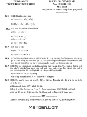 Đề thi giữa kì 1 Toán 8 năm 2019 - 2020 trường THCS Trường Chinh - TP HCM