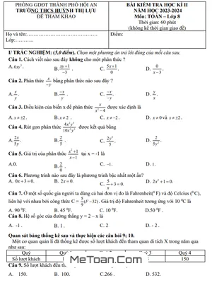 Đề Tham Khảo Cuối Kỳ 2 Toán 8 Năm 2023 - 2024 Trường Huỳnh Thị Lựu - Quảng Nam