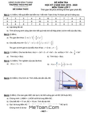 Đề thi học kì 2 Toán 7 năm 2019 - 2020 trường THCS Phú Mỹ - TP HCM (có đáp án)