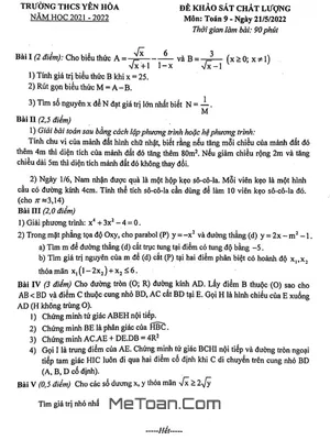 Đề khảo sát chất lượng Toán 9 năm 2021 - 2022 trường THCS Yên Hòa - Hà Nội