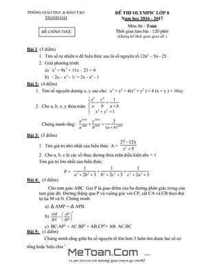 Đề Thi Olympic Toán 8 Năm 2016 - 2017 Phòng GD&ĐT Thanh Oai - Hà Nội