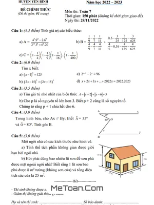 Đề thi học sinh giỏi huyện Toán 7 năm 2022 - 2023 phòng GD&ĐT Yên Bình - Yên Bái