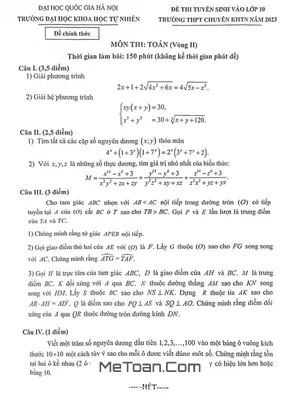 Đề tuyển sinh lớp 10 môn Toán (vòng 2) năm 2023 trường THPT chuyên KHTN – Hà Nội