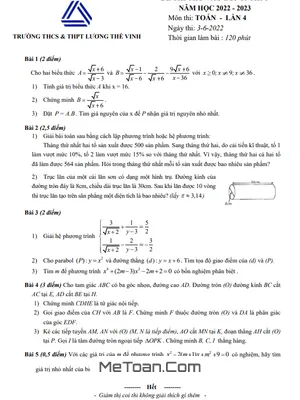 Đề thi thử Toán vào lớp 10 lần 4 năm 2022 – 2023 trường Lương Thế Vinh – Hà Nội