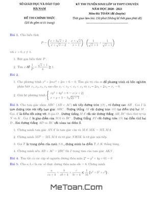Đề thi Tuyển sinh 10 Chuyên Toán Hà Nam Năm 2020 - 2021 (Có Lời Giải)