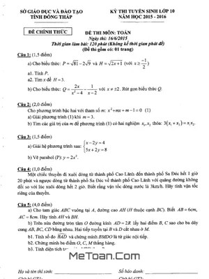 Đề thi tuyển sinh vào lớp 10 môn Toán năm 2015 - 2016 Sở GD&ĐT Đồng Tháp
