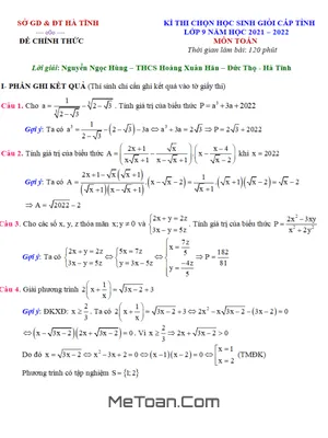 Đề thi HSG tỉnh Toán 9 năm 2021 - 2022 sở GD&ĐT Hà Tĩnh