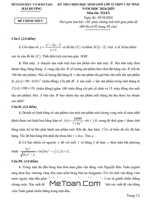Đề thi học sinh giỏi Toán 12 THPT cấp tỉnh năm 2024 - 2025 sở GD&ĐT Hải Dương