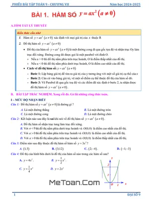Phiếu Bài Tập Toán 9: Hàm Số y = ax² (a ≠ 0) và Phương Trình Bậc Hai Một Ẩn – Kèm Lời Giải Chi Tiết