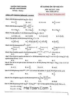 Đề Cương Ôn Tập HK2 Toán 12 Năm 2017 - 2018 Trường THPT Chuyên Hà Nội - Amsterdam