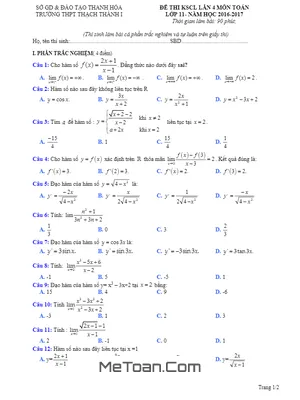 Đề thi khảo sát chất lượng Toán 11 lần 4 năm 2016-2017 trường THPT Thạch Thành 1 - Thanh Hóa