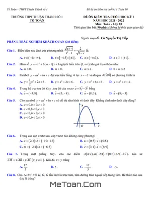 Đề Ôn Tập Cuối Học Kỳ 1 Toán 10 Năm 2021 - 2022 Trường Thuận Thành 1 - Bắc Ninh